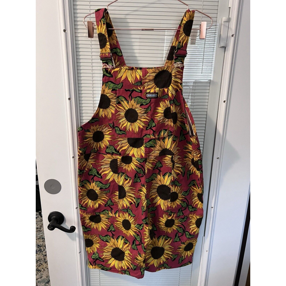 RUN AND FLY Red Sunflowers Stretch Twill Cotton Shorts Dungarees Short Overalls